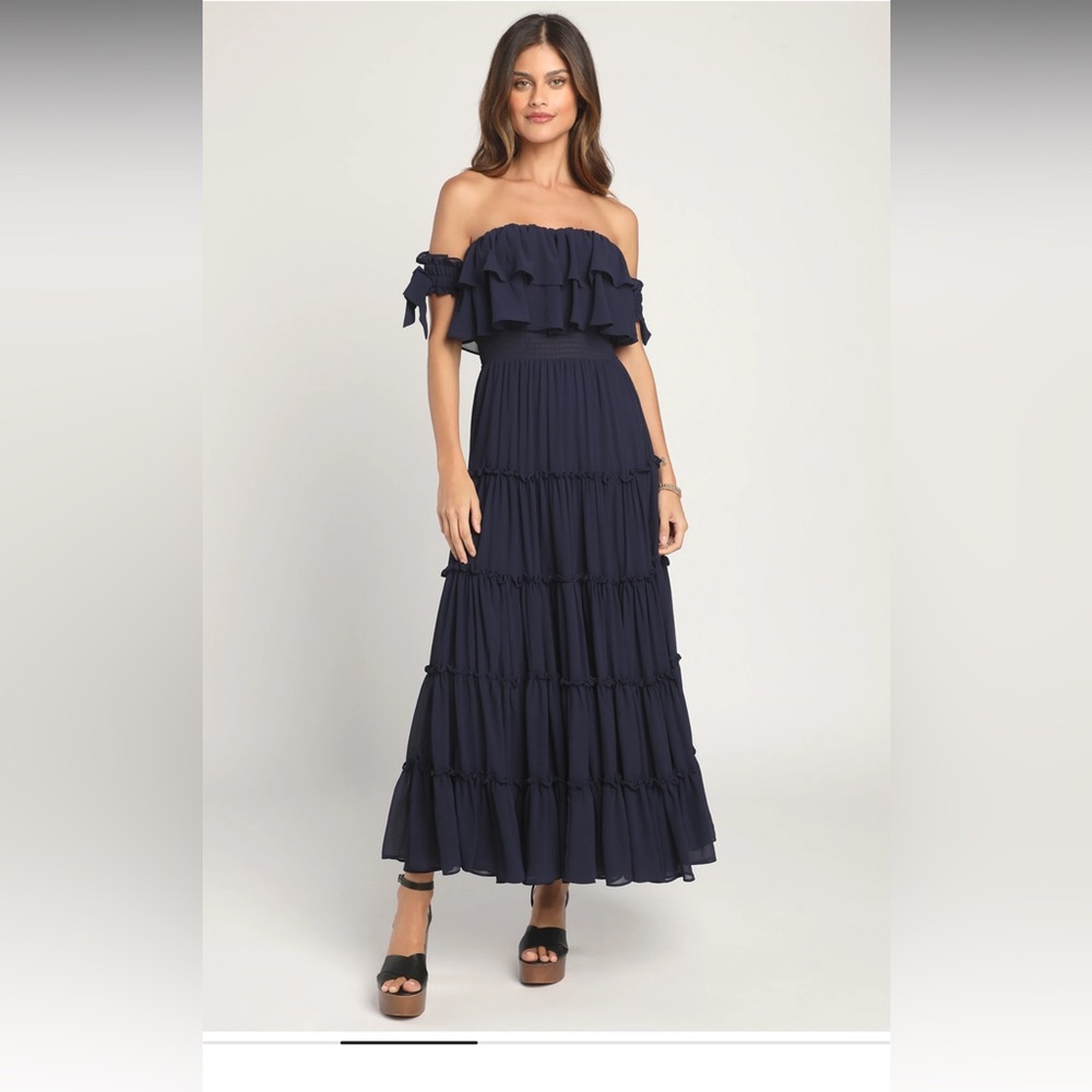 Lulu's Blue Ruffled Tiered Sundress for Wedding Guest Size Medium
